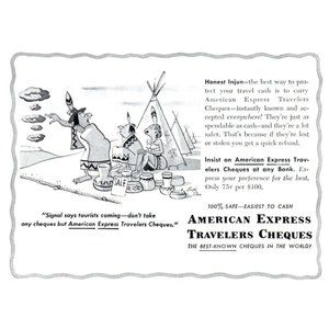 1953 American Express Travelers Cheques Vintage Print Ad Smoke Signal Indians